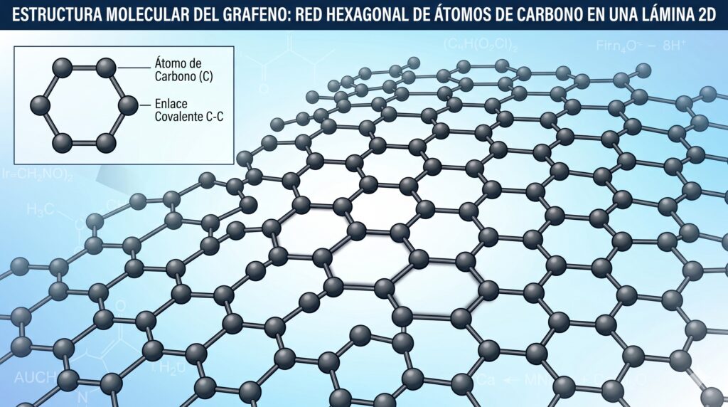 Estructura molecular del grafeno mostrando una red hexagonal de átomos de carbono en una lámina bidimensional