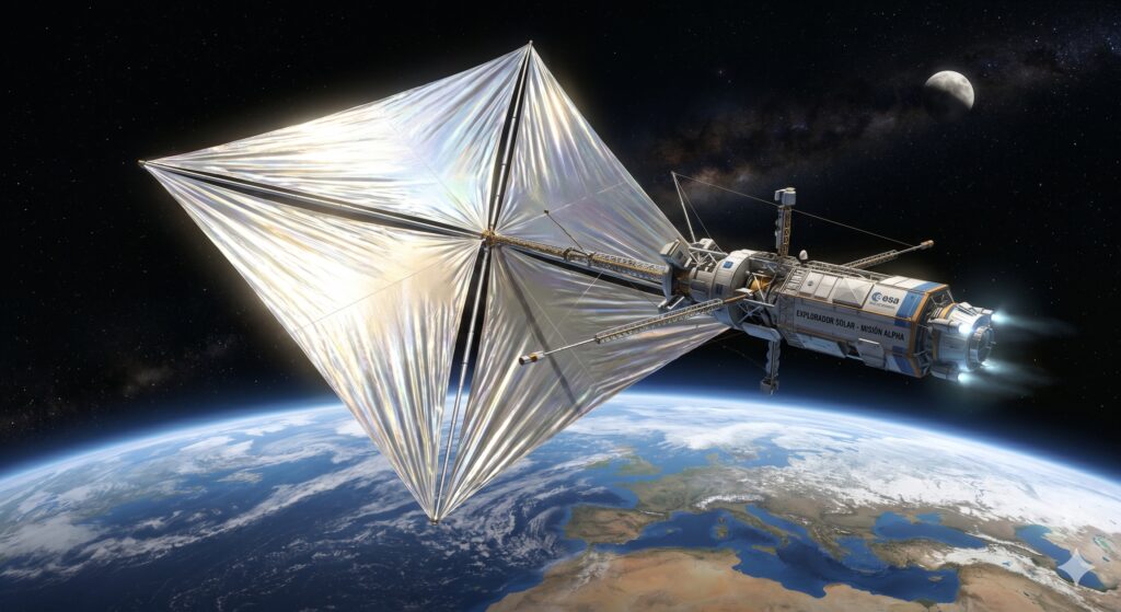 Ilustración de una nave espacial desplegando una vela solar cuadrada y reflectante en la órbita terrestre