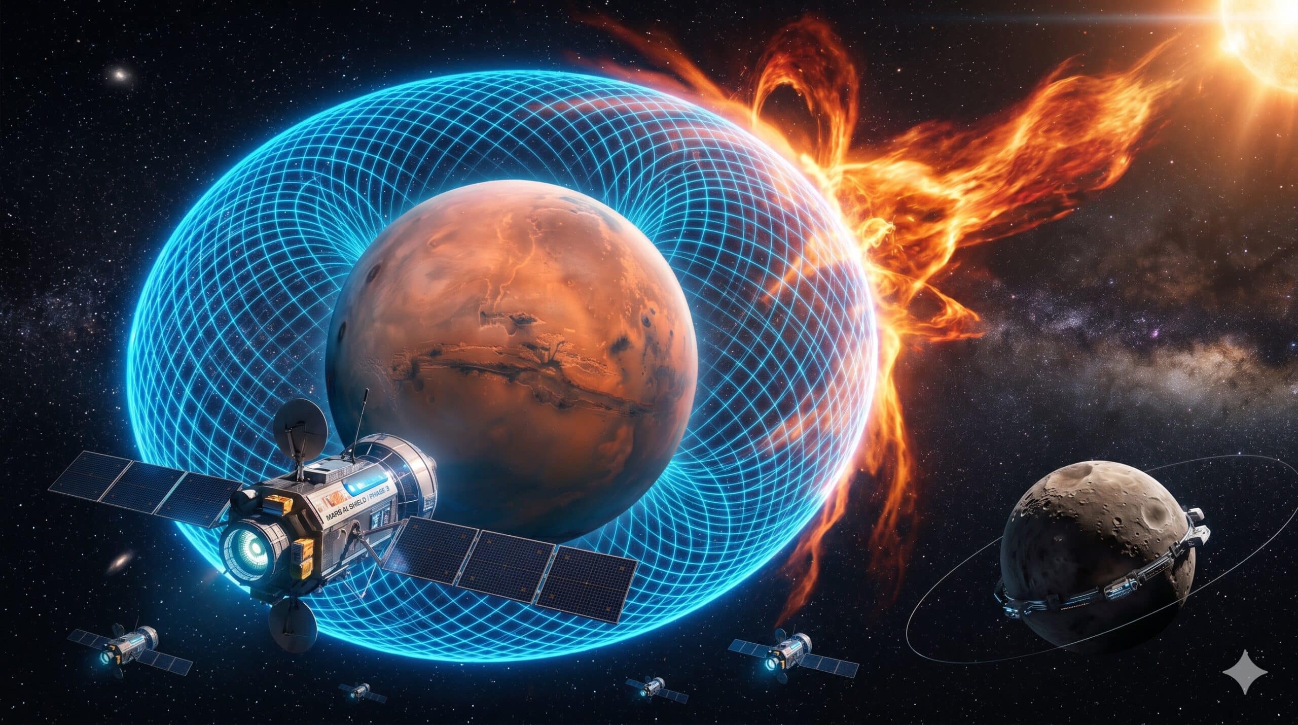 Marte protegido por un escudo magnético azul frente a una llamarada solar, con satélites en órbita