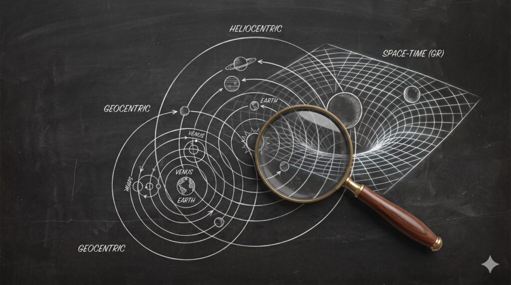 Comparativa de modelos cosmológicos: geocéntrico, heliocéntrico y curvatura del espacio-tiempo en una pizarra