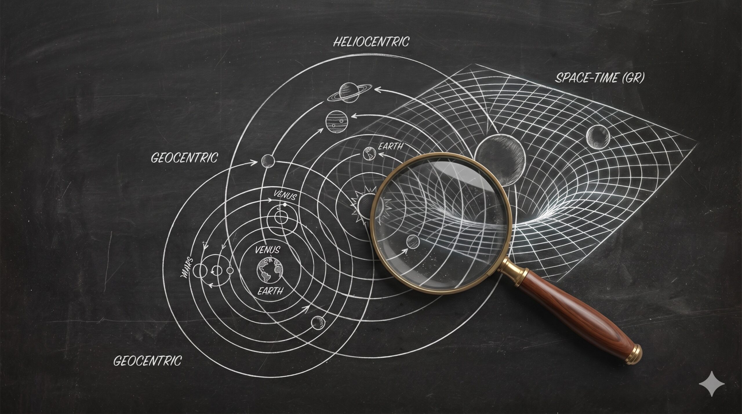 Comparativa de modelos cosmológicos: geocéntrico, heliocéntrico y curvatura del espacio-tiempo en una pizarra