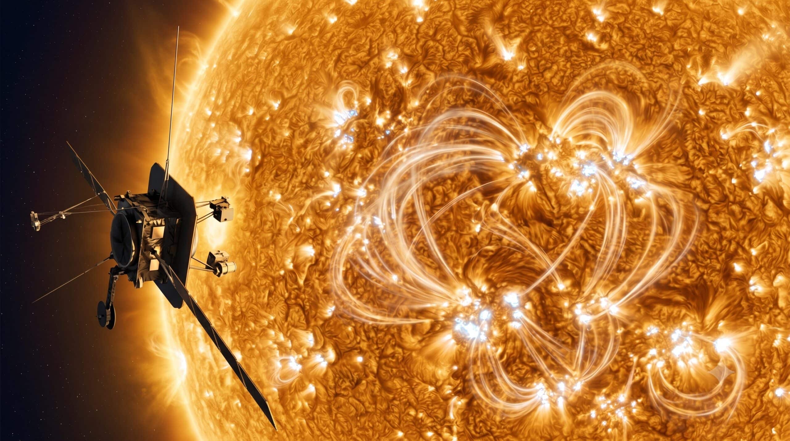 Sonda solar Parker frente a la superficie del Sol con bucles magnéticos y llamaradas solares