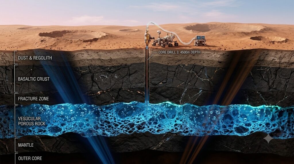 Rover perforando 4500 m en Marte a través de capas geológicas hasta alcanzar una zona de roca porosa vesicular