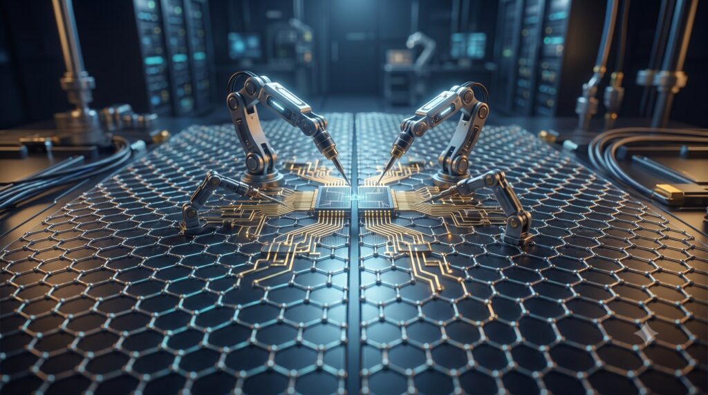Brazos robóticos de precisión ensamblando un microchip en un laboratorio de alta tecnología