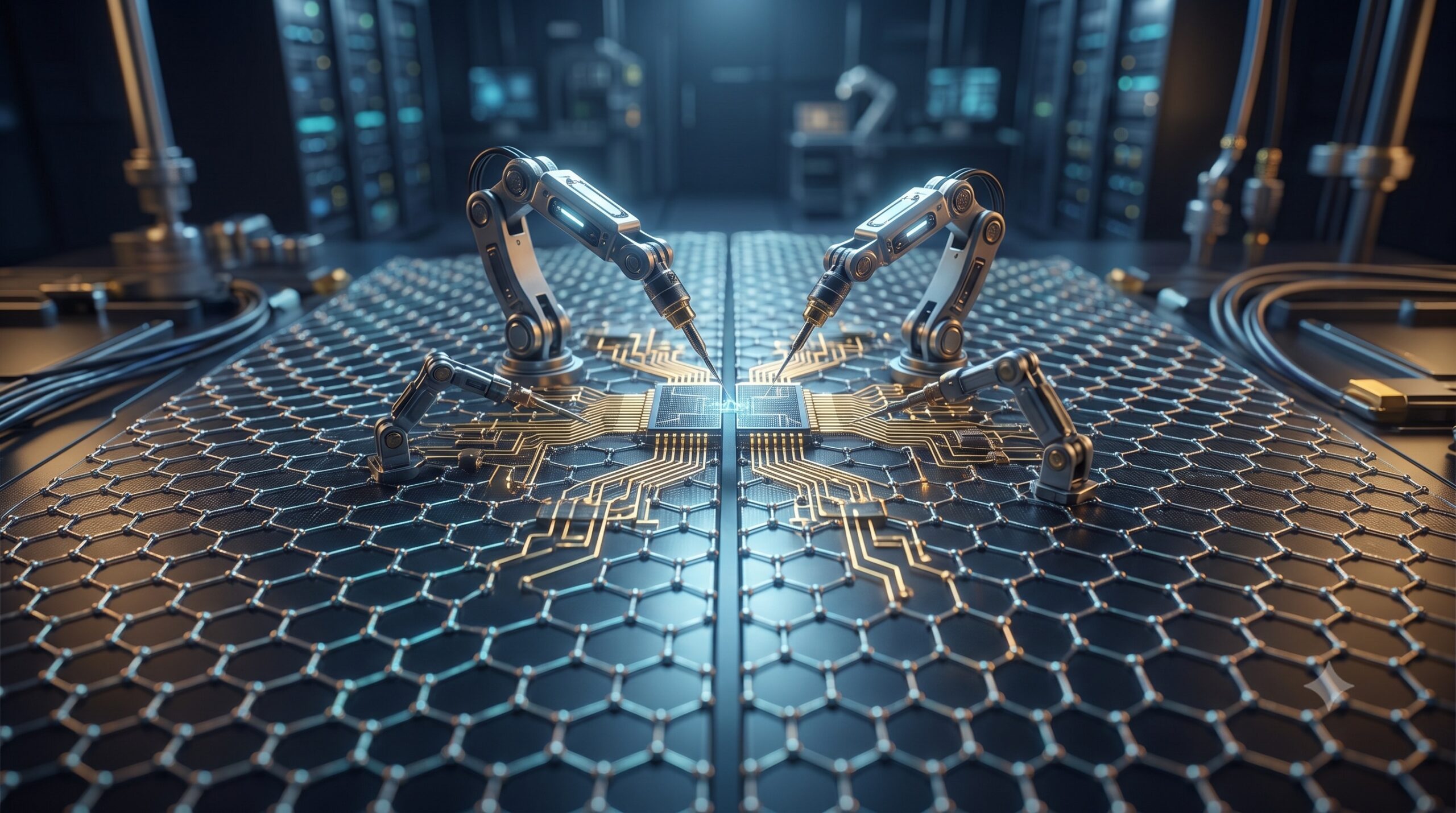 Brazos robóticos de precisión ensamblando un microchip en un laboratorio de alta tecnología