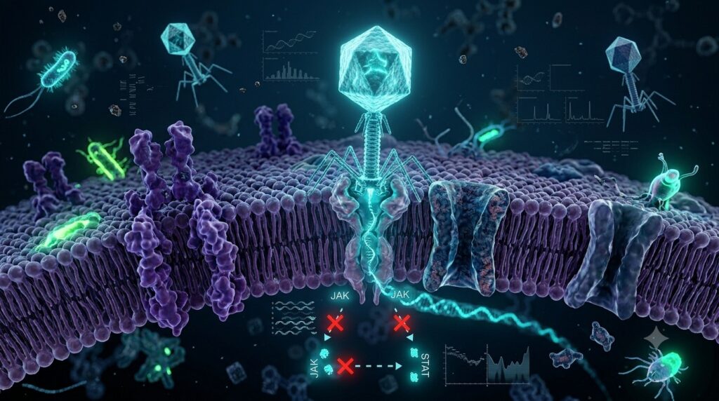Bacteriófago acoplado a una membrana celular con diagramas que indican el bloqueo de la vía de señalización JAK/STAT