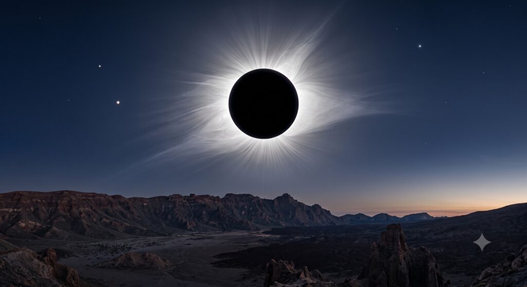 Eclipse solar total con la corona brillante sobre un paisaje de montañas escarpadas bajo un cielo estrellado