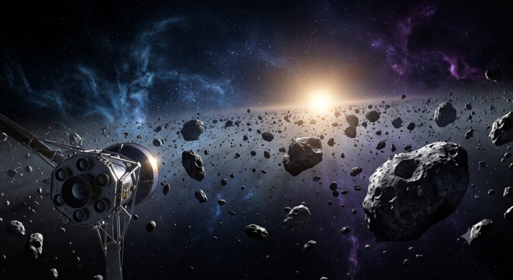 Sonda espacial navegando por un cinturón de asteroides frente a un sol brillante y nebulosas