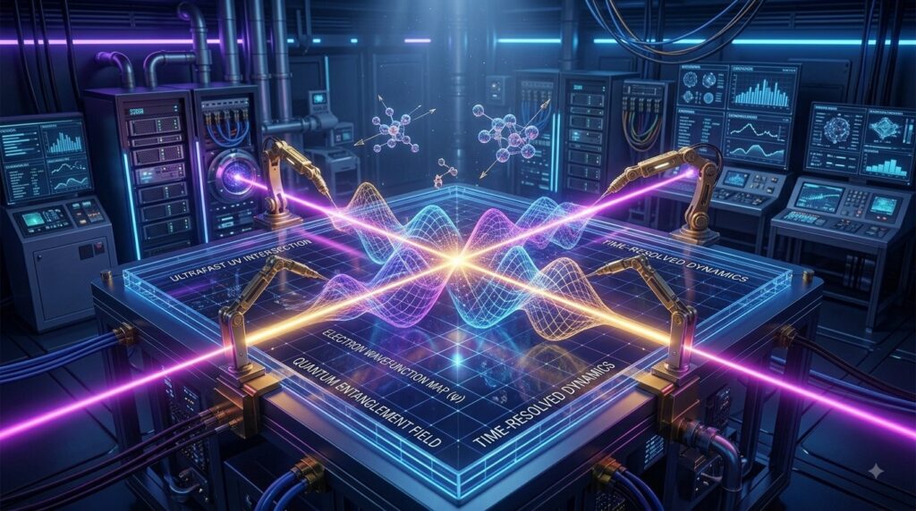 Laboratorio futurista con láseres y brazos robóticos analizando un mapa de función de onda y entrelazamiento cuántico