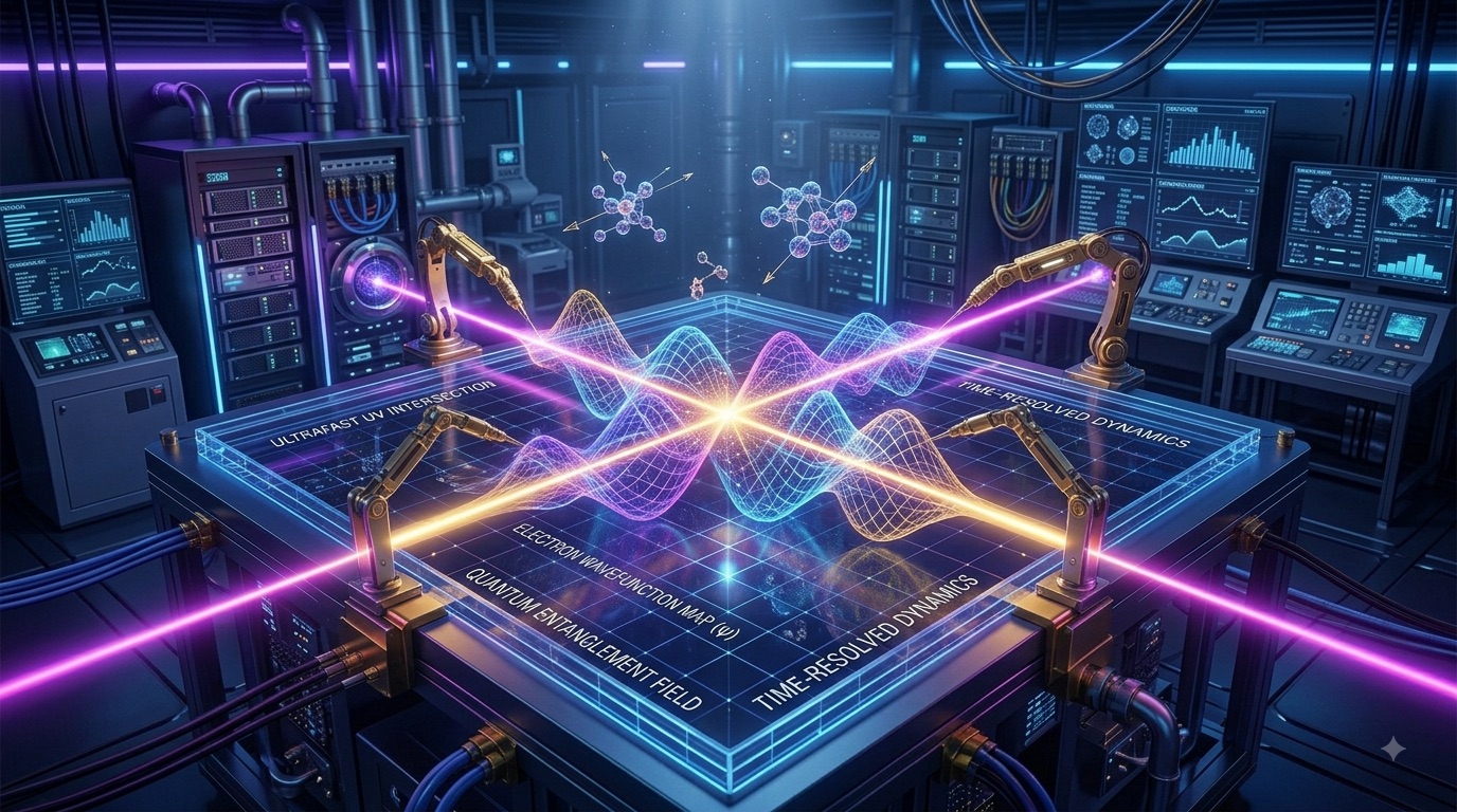 Laboratorio futurista con láseres y brazos robóticos analizando un mapa de función de onda y entrelazamiento cuántico