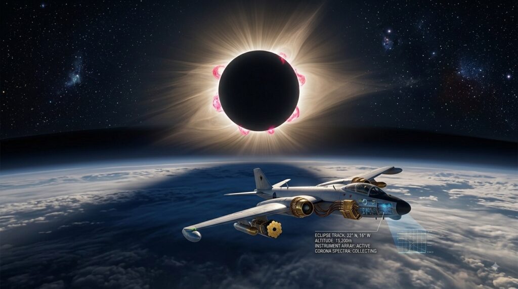 Avión científico bajo un eclipse solar total a 15.200 m de altitud, recolectando espectros de la corona solar
