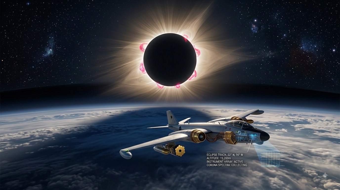 Avión científico bajo un eclipse solar total a 15.200 m de altitud, recolectando espectros de la corona solar