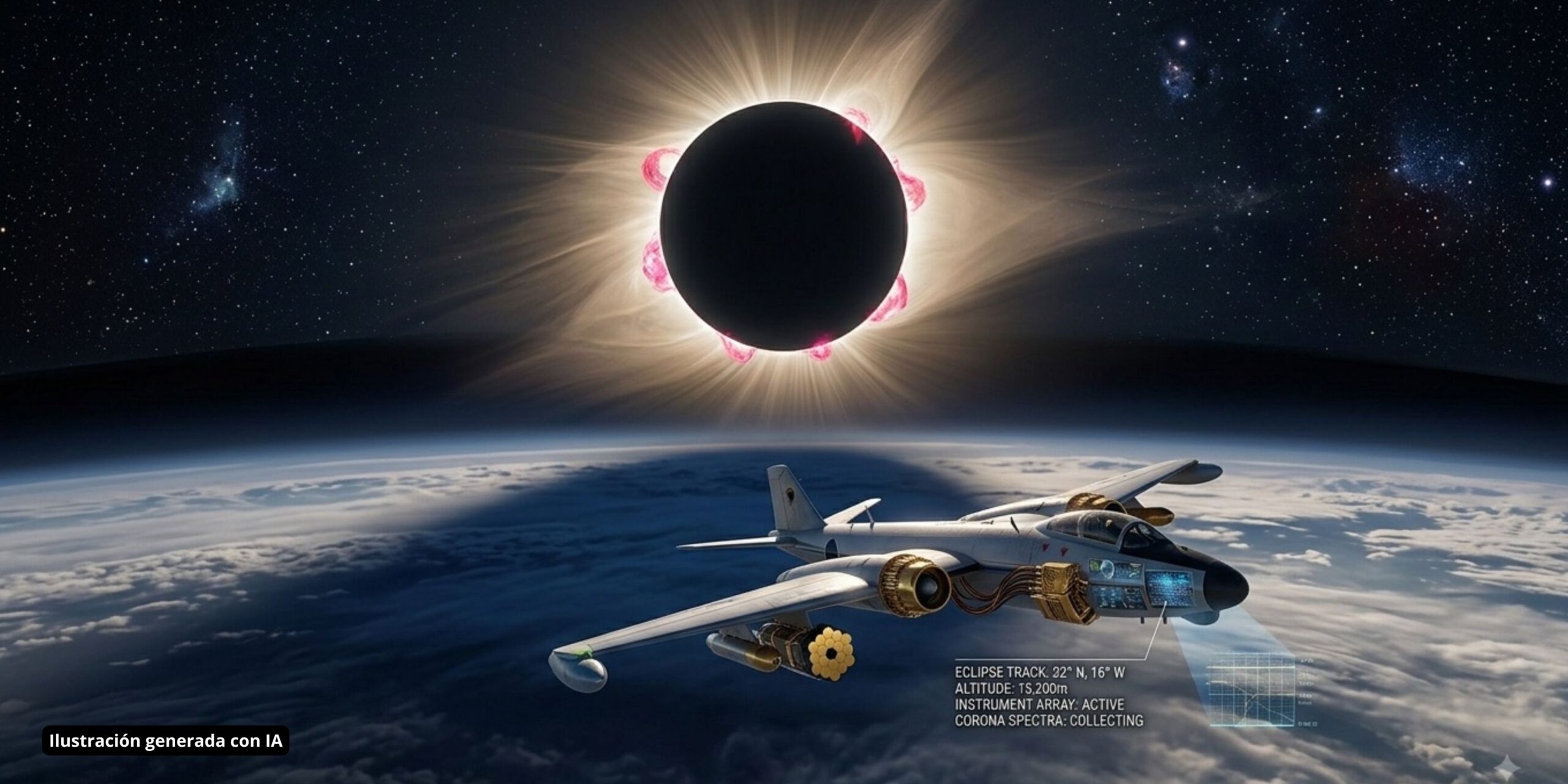 Avión científico bajo un eclipse solar total a 15.200 m de altitud, recolectando espectros de la corona solar