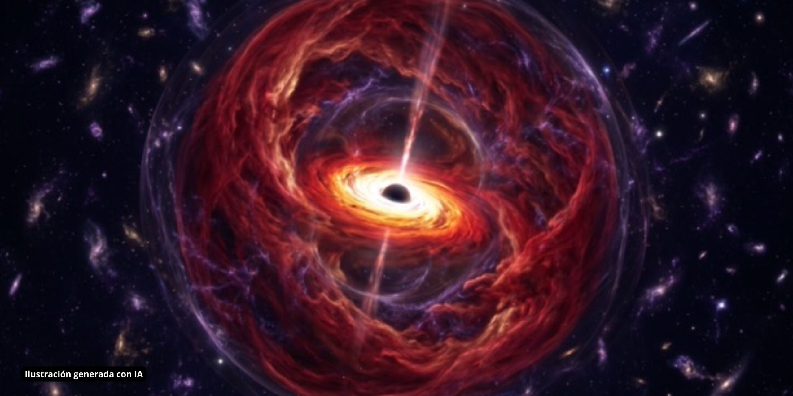 Agujero negro rodeado por un disco de acrecimiento brillante y chorros de energía en el espacio profundo