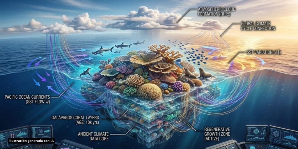 Diagrama de la estructura de coral en Galápagos y su interacción con las corrientes del Pacífico y el clima global