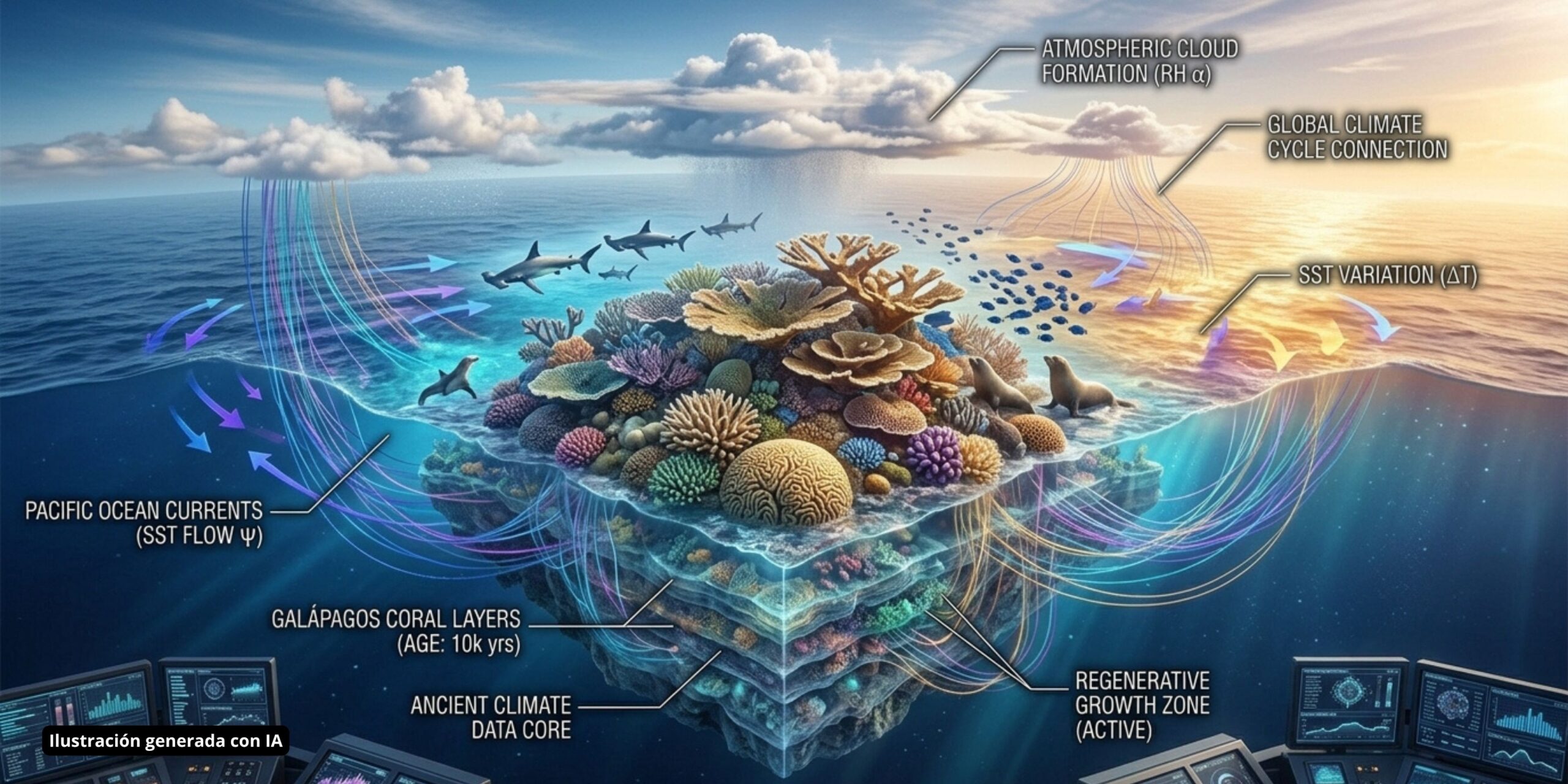 Diagrama de la estructura de coral en Galápagos y su interacción con las corrientes del Pacífico y el clima global