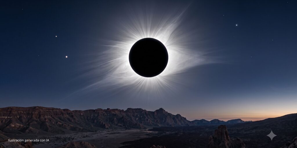 Eclipse solar total con la corona brillante sobre un paisaje montañoso al atardecer