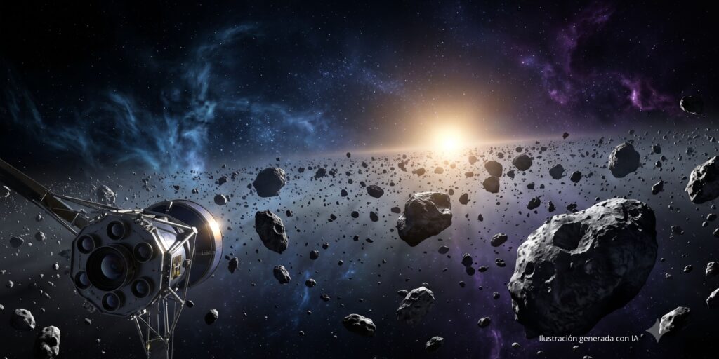 Sonda espacial navegando por un cinturón de asteroides frente a un sol brillante y nebulosas