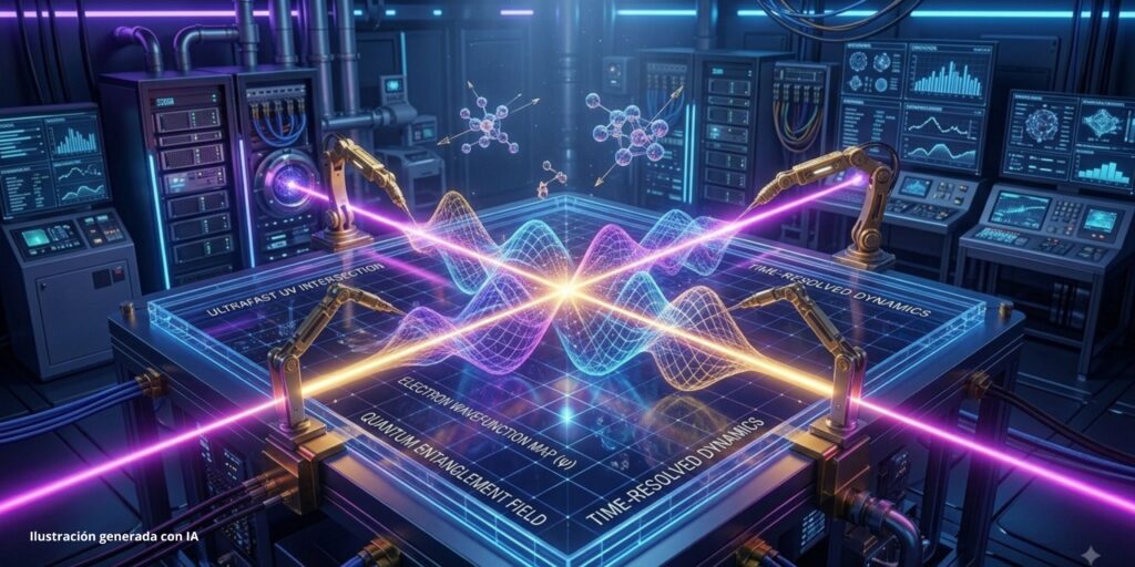 Laboratorio futurista con láseres y brazos robóticos analizando un mapa de función de onda y entrelazamiento cuántico