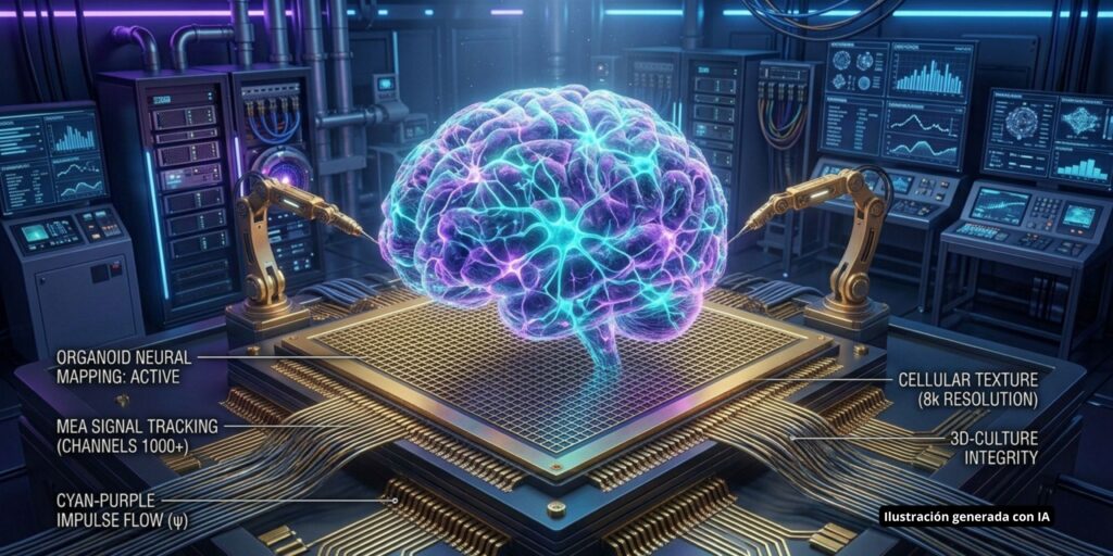 Cerebro digital brillante flotando sobre un microchip, conectado por brazos robóticos y con indicadores de mapeo neuronal