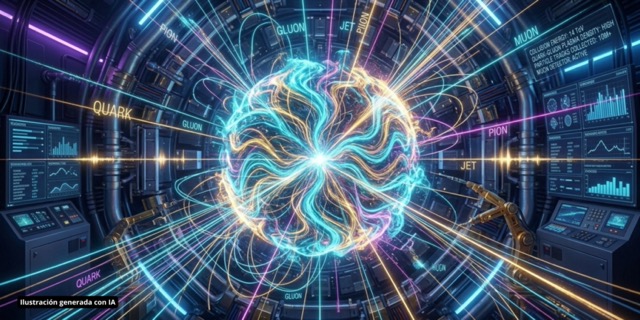 Ilustración futurista de una colisión de partículas subatómicas en un detector con etiquetas como quark, gluón y muón