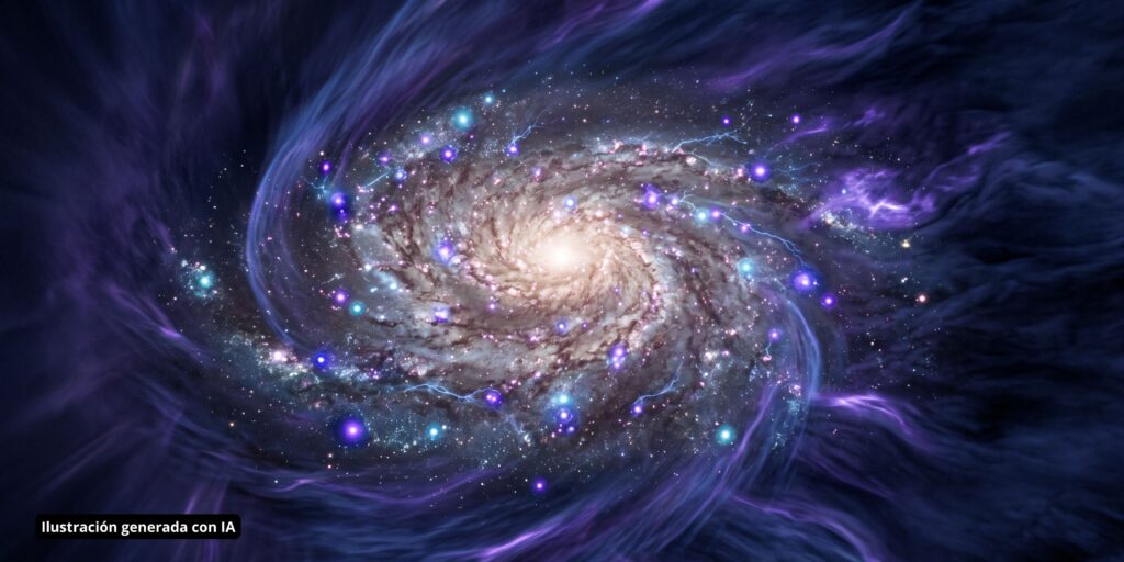 Galaxia en espiral rodeada de remolinos de gas violeta, esferas de luz brillantes y descargas eléctricas