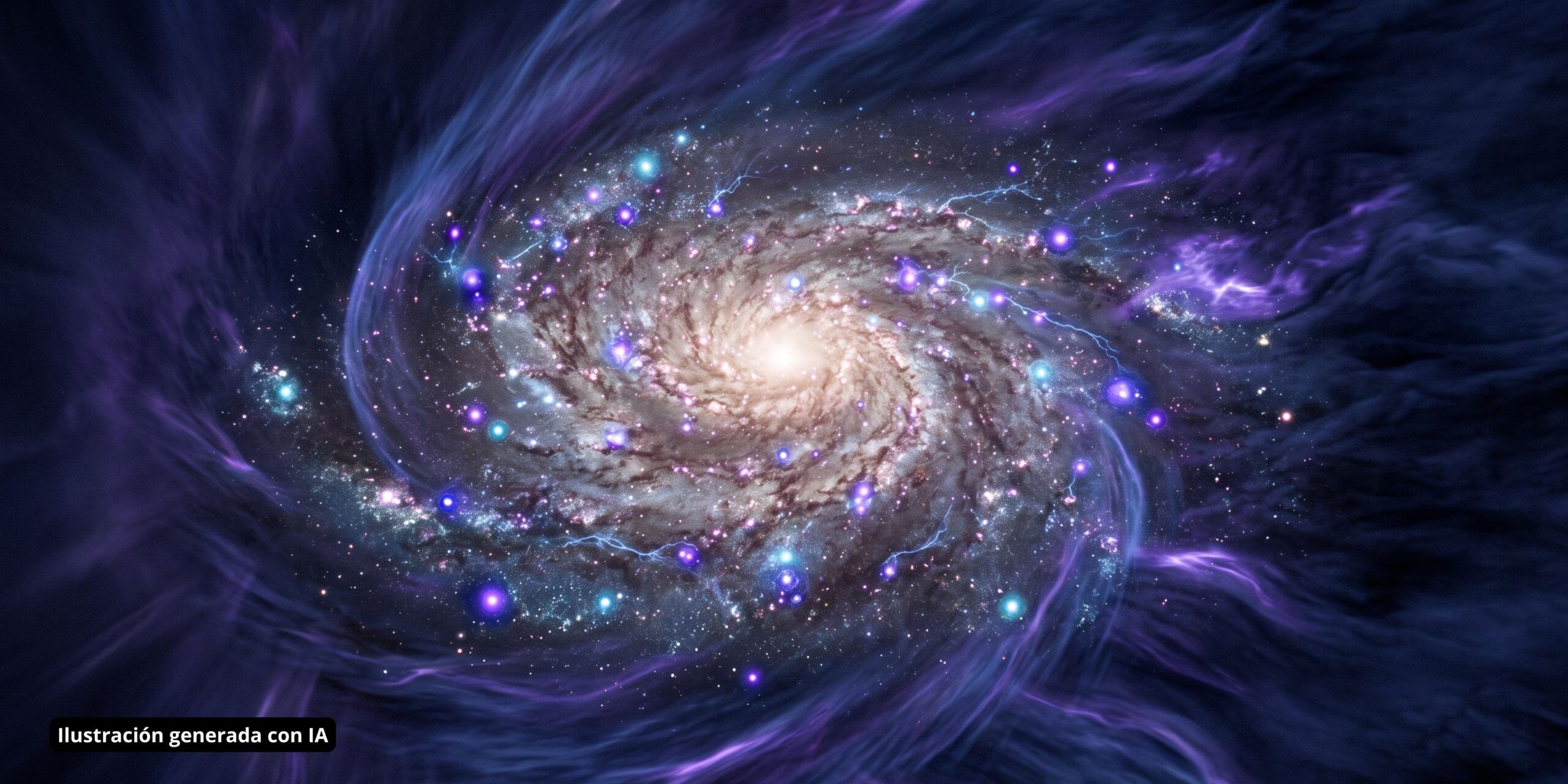 Galaxia en espiral rodeada de remolinos de gas violeta, esferas de luz brillantes y descargas eléctricas