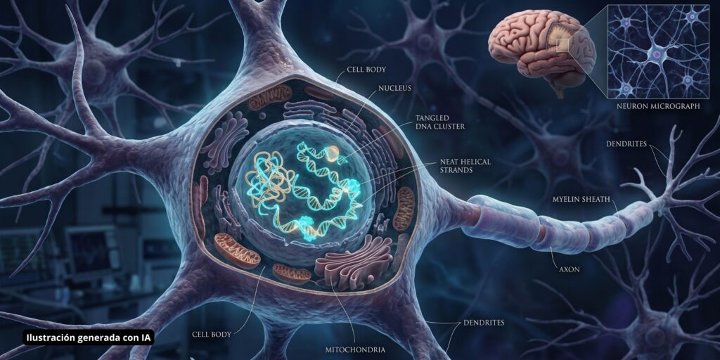 Ilustración científica de una neurona mostrando el plegamiento tridimensional alterado del ADN en el Alzheimer
