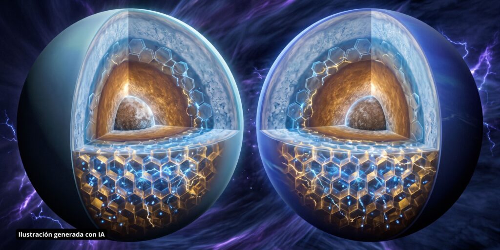 Corte transversal del interior de dos planetas gigantes helados con capas concéntricas y estructuras hexagonales