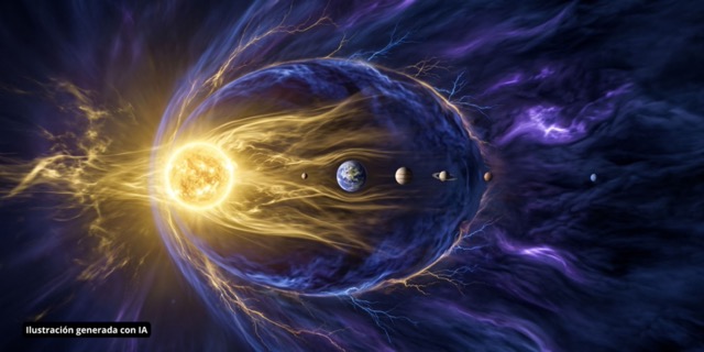 Ilustración del Sol y los planetas del sistema solar dentro de una burbuja magnética protectora